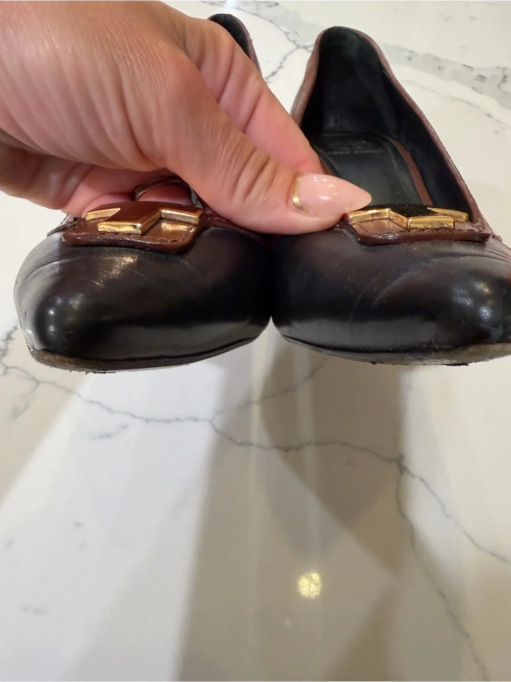 Tory Burch Black & Brown Pointed Toe Logo Pumps